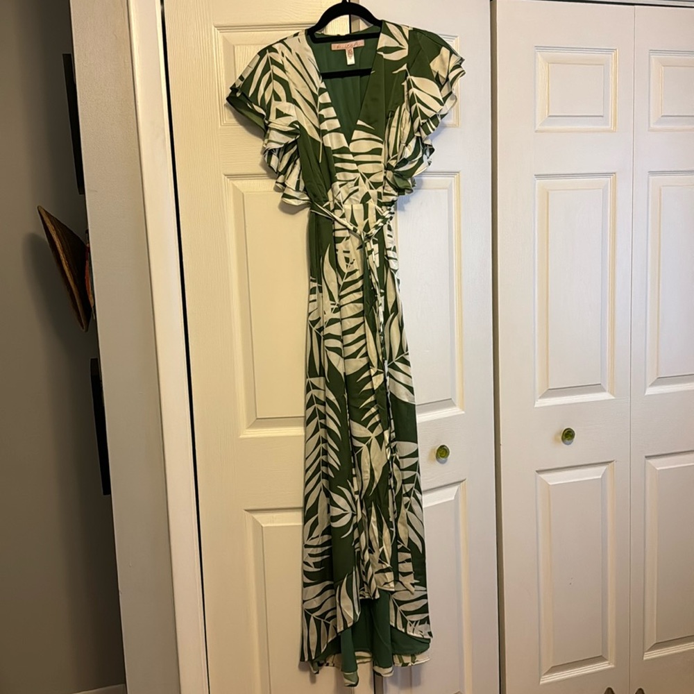 Anthropologie hutch green and white satin wrap dress.